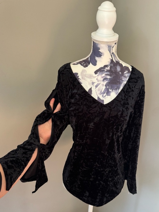 Scorpio Tops - Vintage Scorpio Black Velvet V-Neck Blouse with Cut Out Flare Sleeves